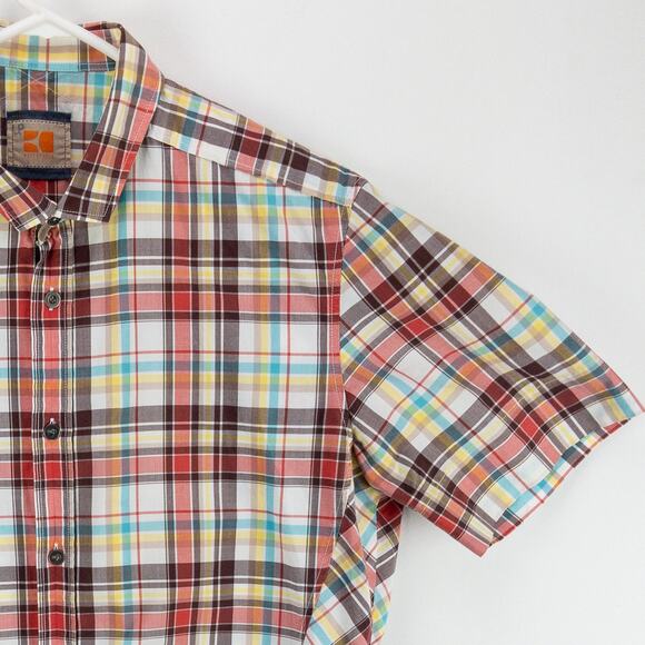 Boss Orange Plaid Men's Medium Button Up Short Sleeve Red White Brown Logo - Picture 4 of 12
